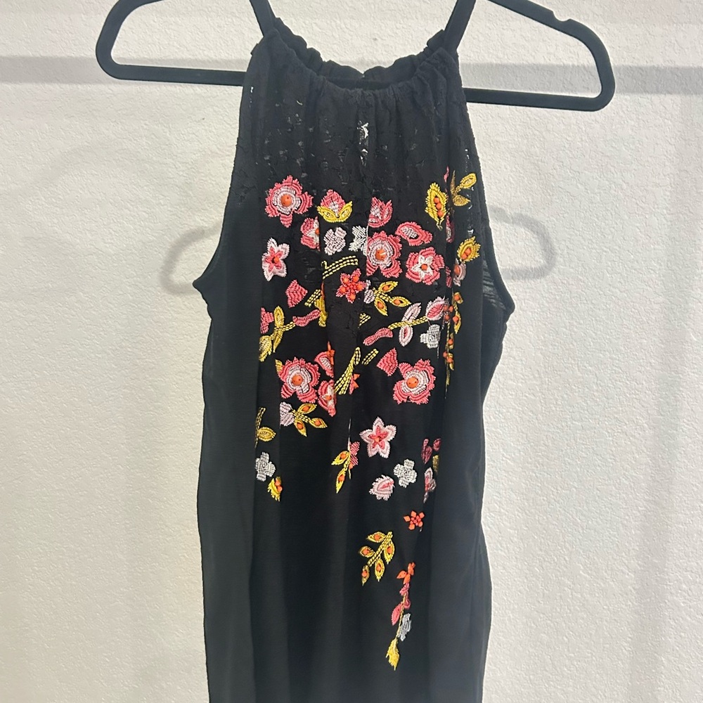 Floral Embroidered Black Halter Top